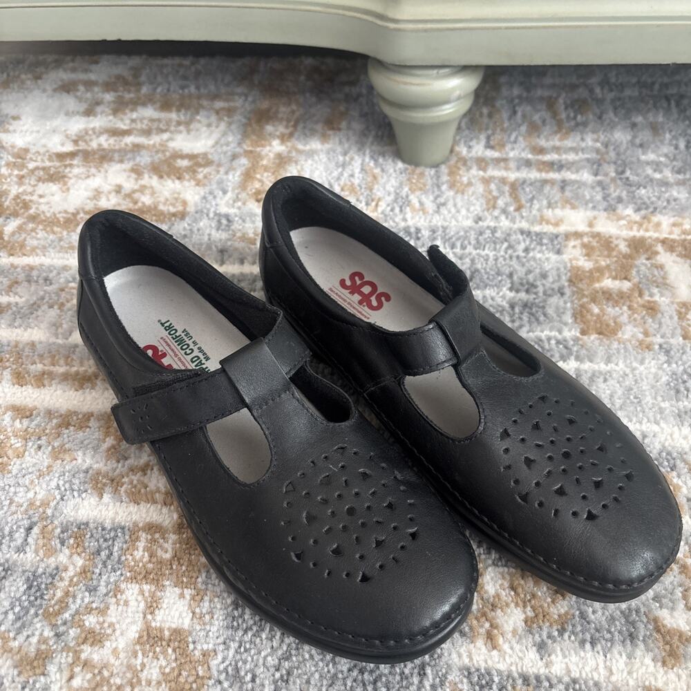 SAS Women's Willow Comfort Shoes Black Leather T-Strap Size 10M NEW